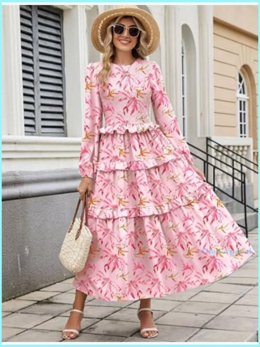 Smocked Maxi Dress Long Puff Sleeve Tiered Ruffle Boho Wedding Guest - Picture 2 of 7